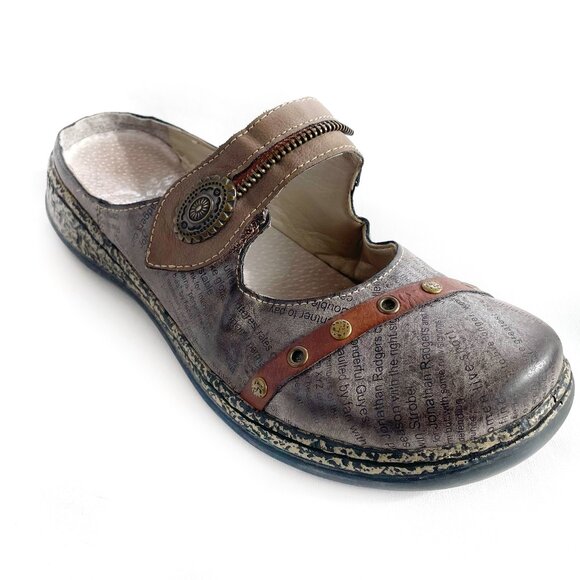 SOLD  Rieker 7 Antistress 38 Gray Leather Mary Jane Newspaper Slides Slip Ons - Picture 2 of 13